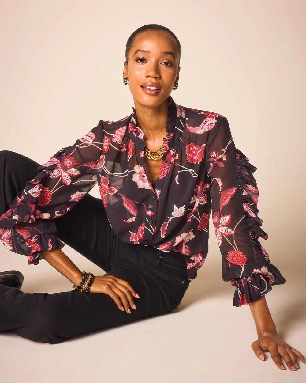 Chico's Women | Georgette Celtic Blooms Blouse BLACK