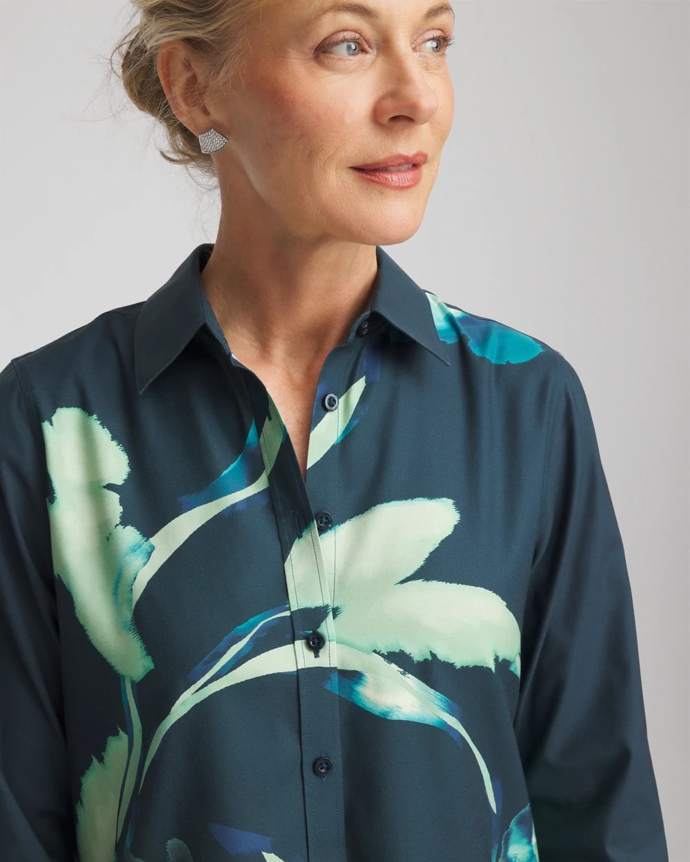 Chico's Women | No Iron™ Glacial Flora Sateen Shirt TEAL SHADOW