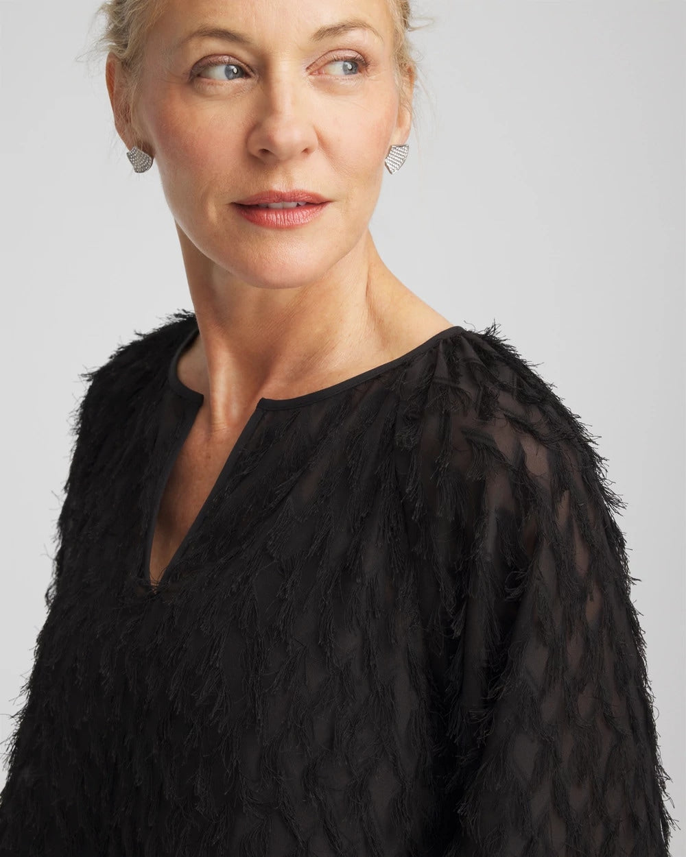 Chico's Women | Feathered Pullover Peasant Blouse BLACK
