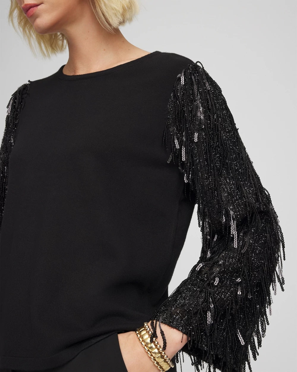 Chico's Women | Fringe Sequins Pullover Sweater BLACK