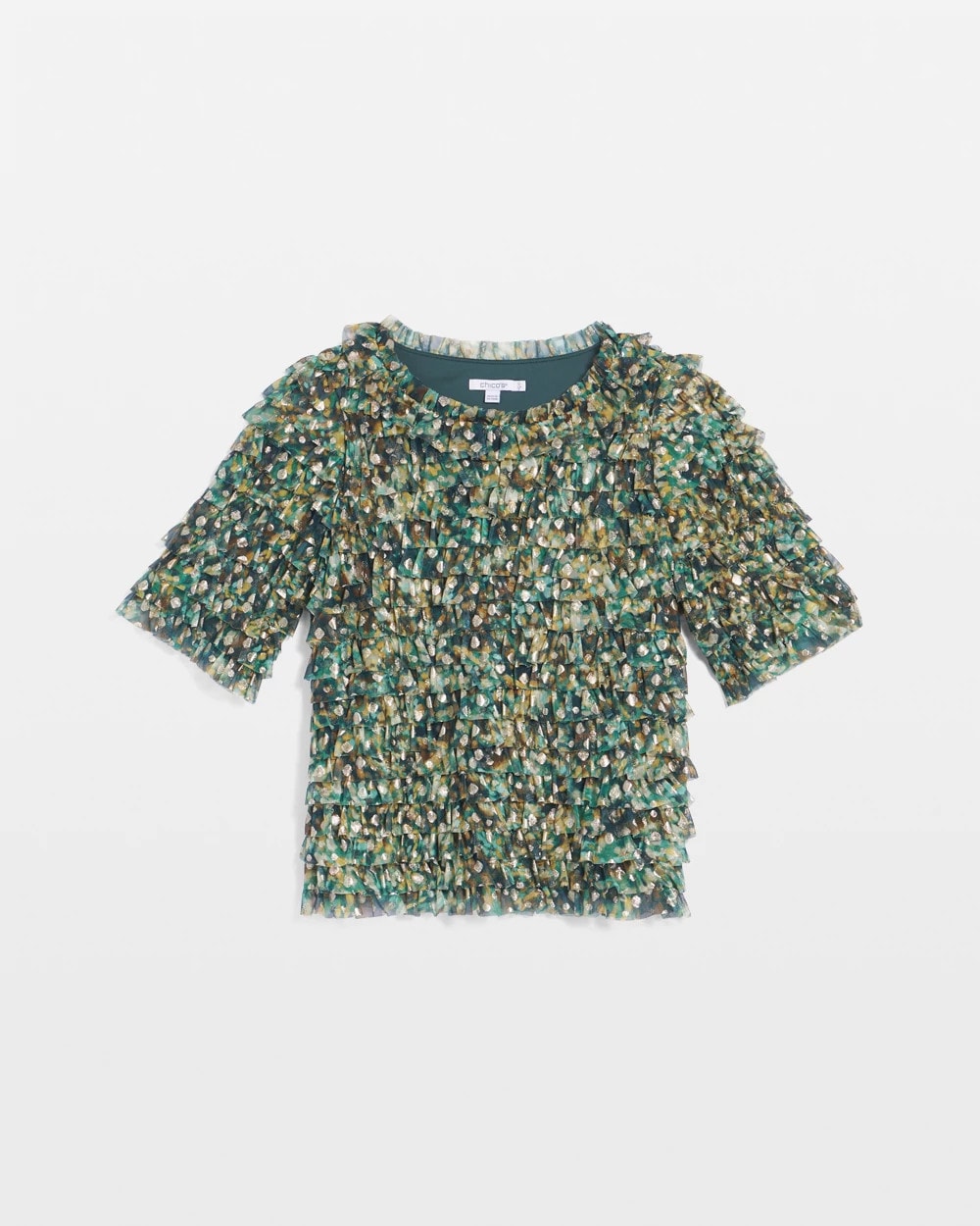 Chico's Women | Foiled Mesh Ruffle Crop Tee DARKEST SPRUCE