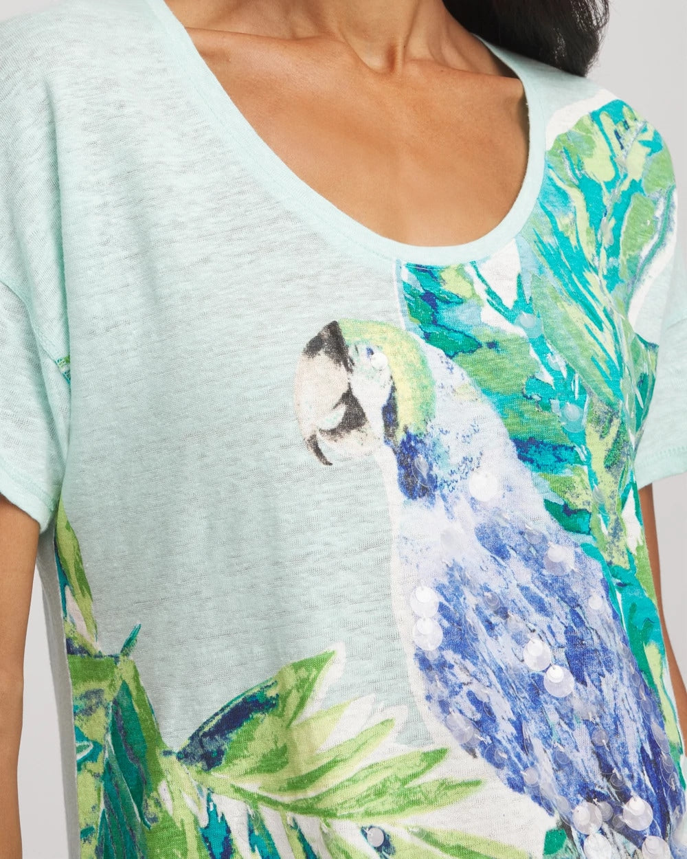 Chico's Women | Linen Embellished Parrot Easy Tee TEAL WATERS