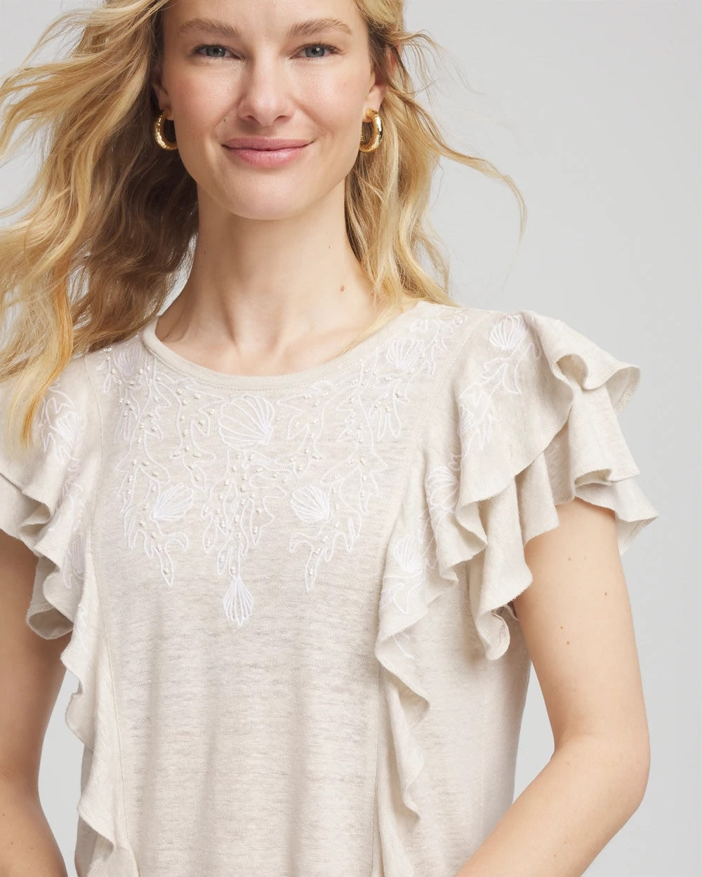 Chico's Women | Embroidered Flutter-Sleeve Tee RIVER ROCK