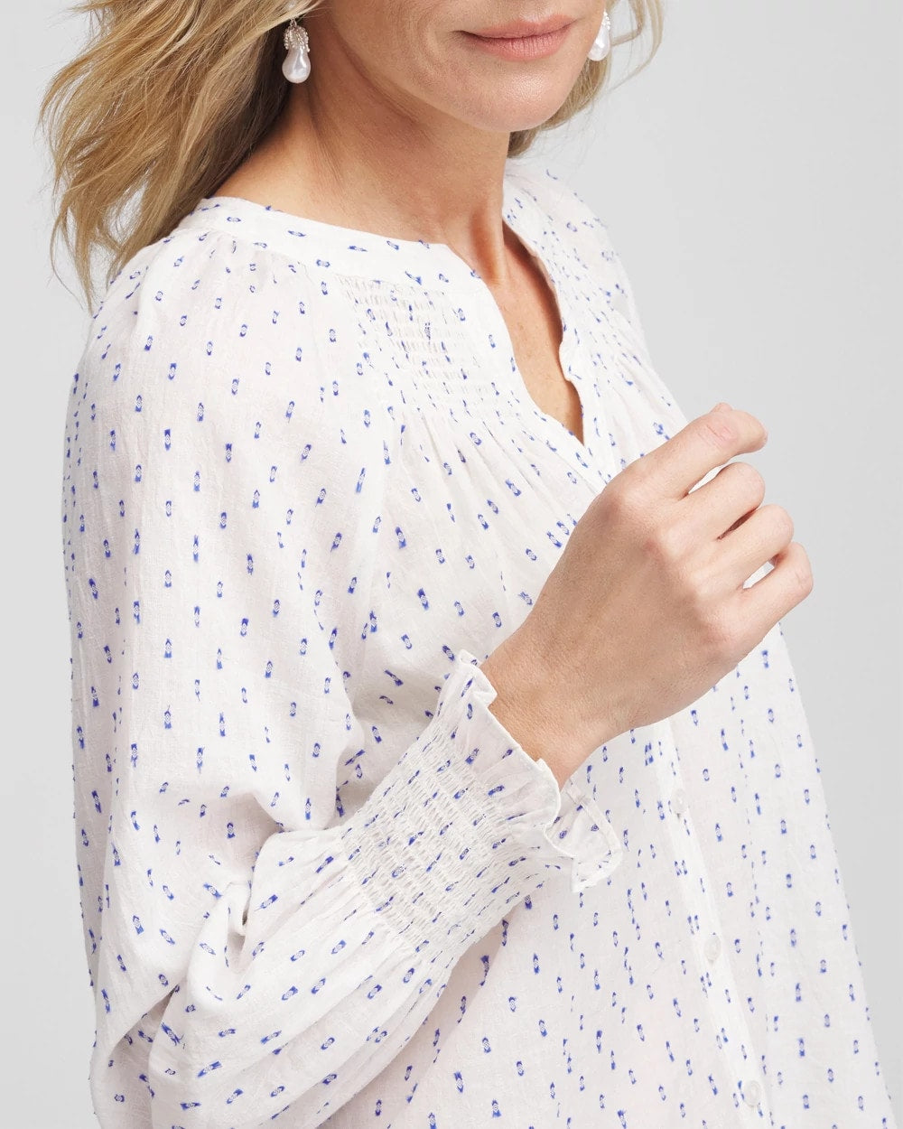 Chico's Women | Smocked Split-neck Blouse BLUE CASA