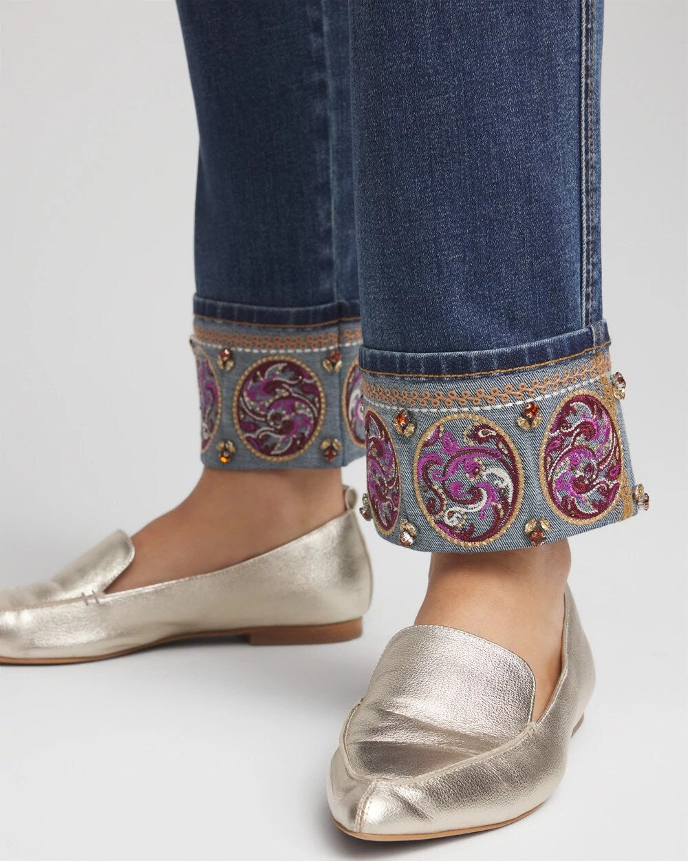 Chico's Women | Embellished Pull-On Slim Ankle Jeggings BUTTERCUP INDIGO