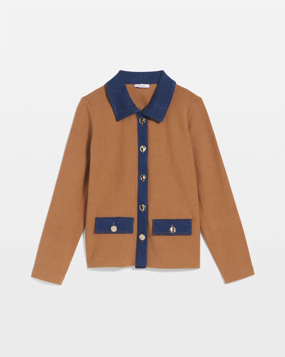 Chico's Women | Collared Denim Trim Cardigan CARAMEL APPLE HEATHER