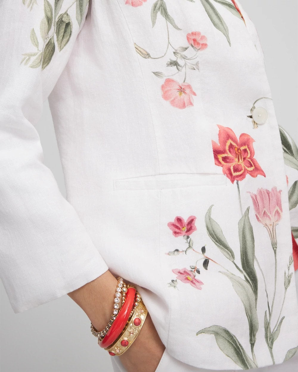 Chico's Women | Floral Linen Non-Stretch Blazer ALABASTER