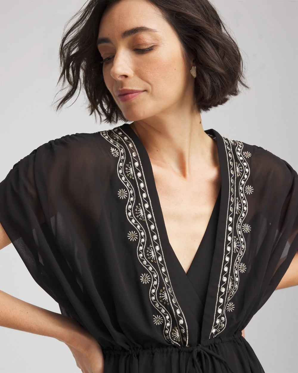 Chico's Women | Miraclesuit® Beach Embroidered Long Kimono BLACK