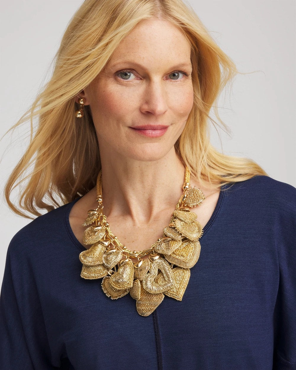 Chico's Women | Gold Beaded Heart Charm Bib Necklace GOLD