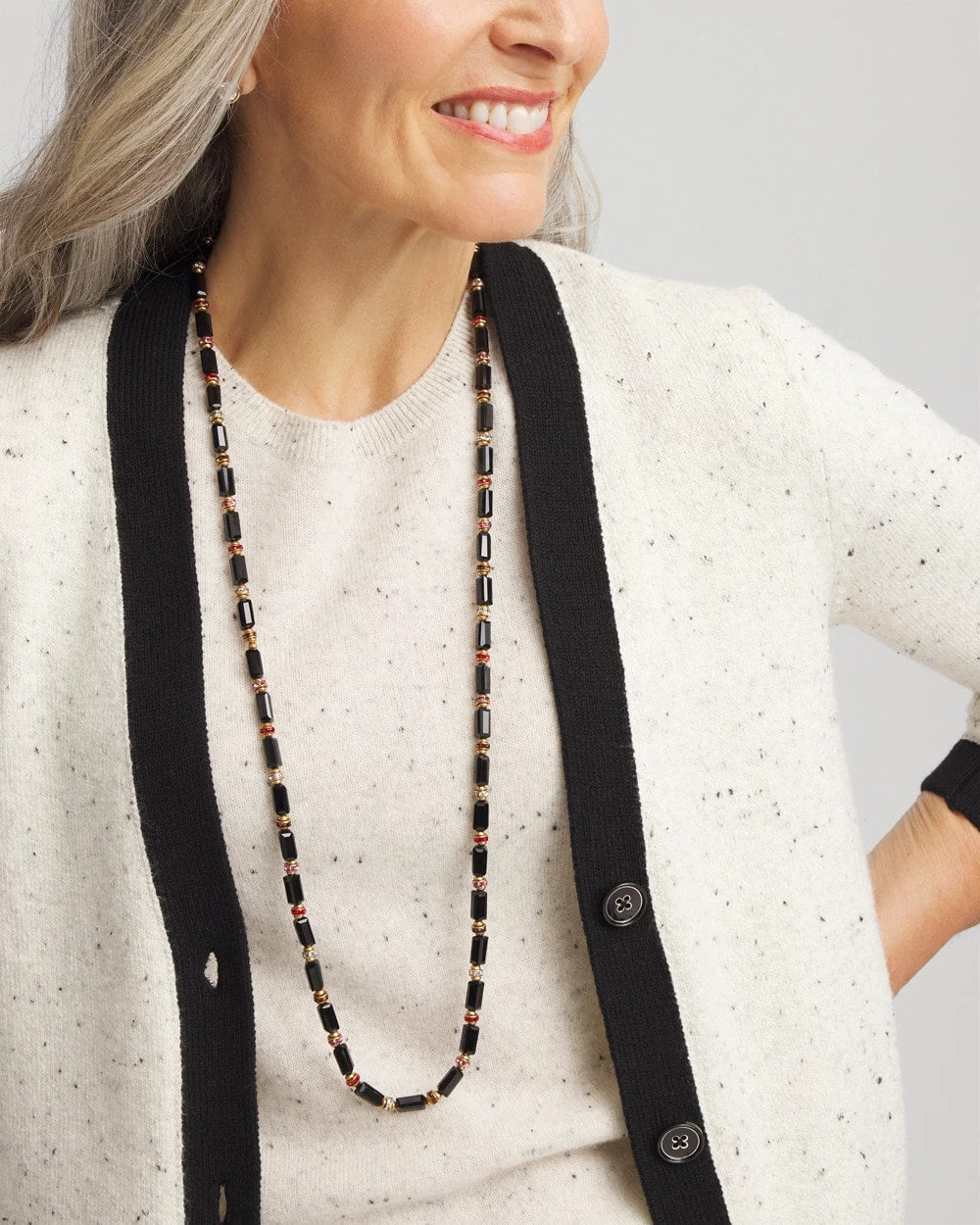 Chico's Women | Art Deco Bar Bead Long Necklace BLACK/GOLD