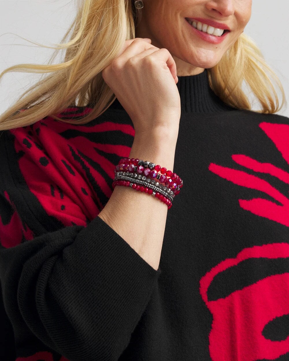 Chico's Women | Red Stretch Set of Five Beaded Bracelets RED