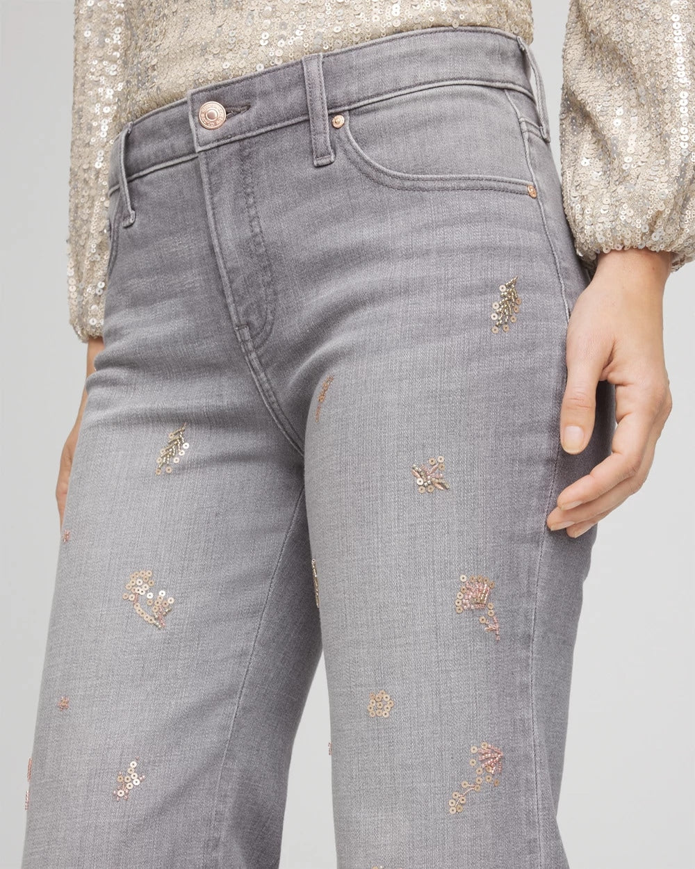 Chico's Women | Petite Rose Gold Embroidered Girlfriend Flared Jeans LE HAVRE WASH
