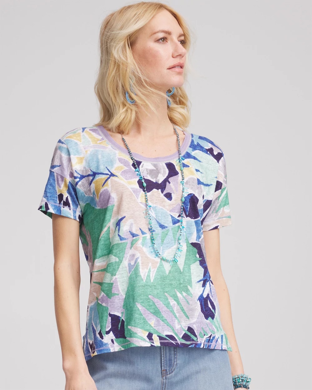 Chico's Women | Tropical Nights Sweater-Trim Linen Tee BLUE CASA