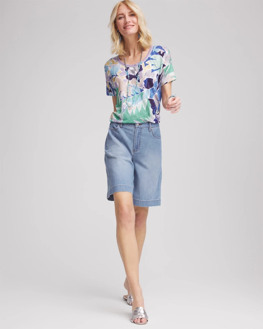Chico's Women | Tropical Nights Sweater-Trim Linen Tee BLUE CASA