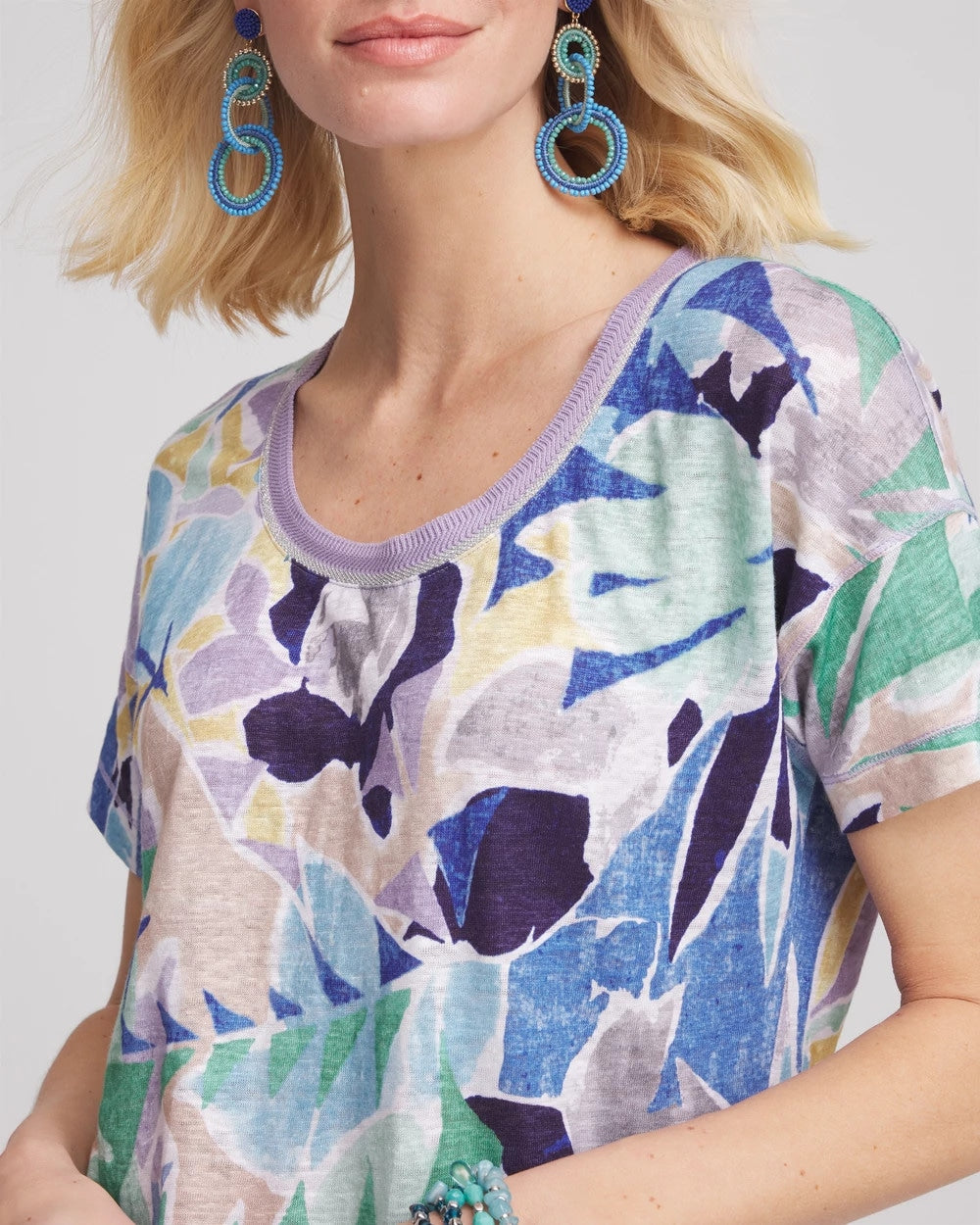 Chico's Women | Tropical Nights Sweater-Trim Linen Tee BLUE CASA