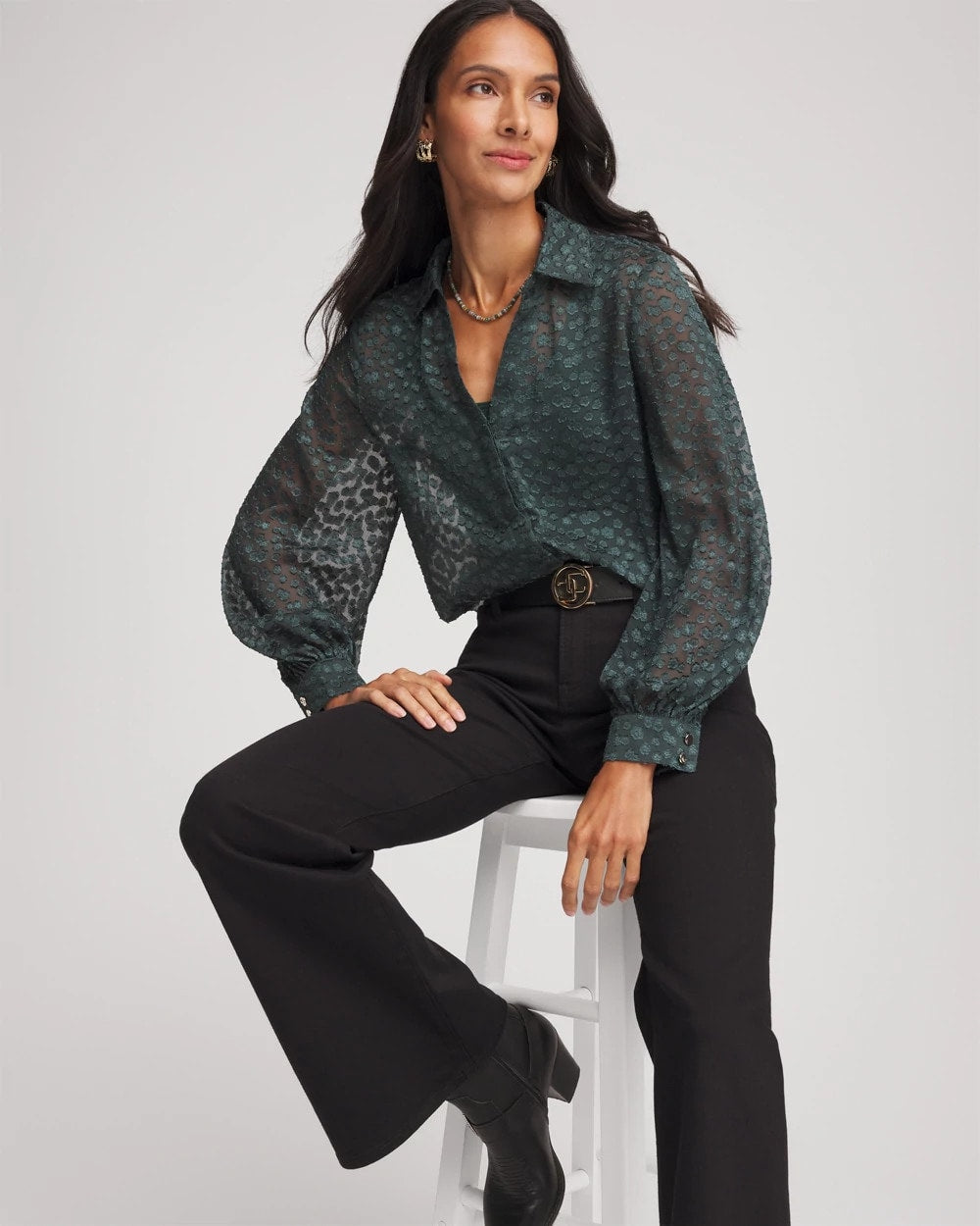 Chico's Women | Clip-Dot Billow-Sleeve Blouse DARKEST SPRUCE