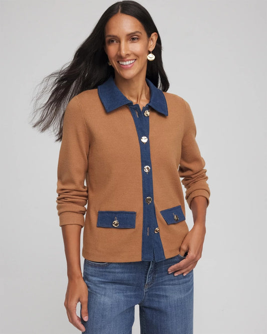 Chico's Women | Collared Denim Trim Cardigan CARAMEL APPLE HEATHER