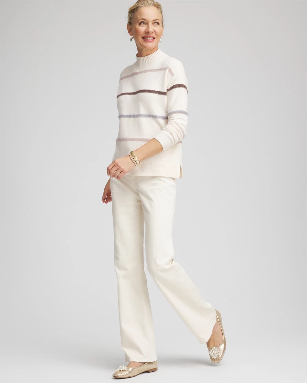 Chico's Women | Sequined Stripe Pullover Sweater ENGLISH CREAM