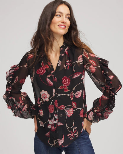 Chico's Women | Georgette Celtic Blooms Blouse BLACK