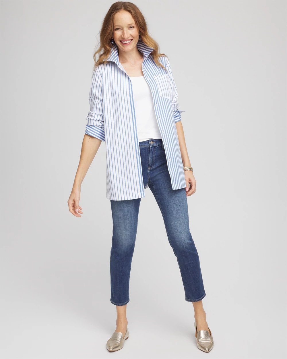 Chico's Women | No Iron™ Stripe Mix Tunic TIDAL BLUE