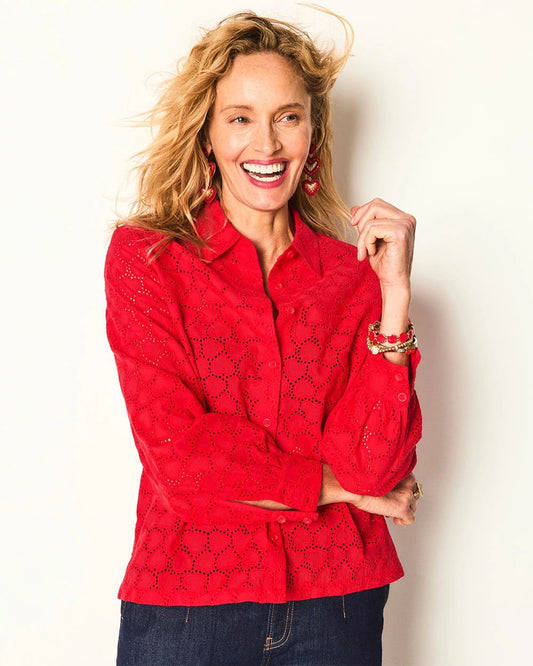 Chico's Women | Heart Eyelet Button Down Shirt LOVE LETTER RED