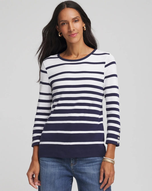 Chico's Women | Striped 3/4 Sleeve Perfect Tee PASSPORT BLUE