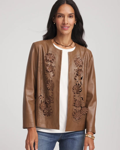 Chico's Women | Floral Cutwork Faux Leather Jacket CHOCOLATE TRUFFLE