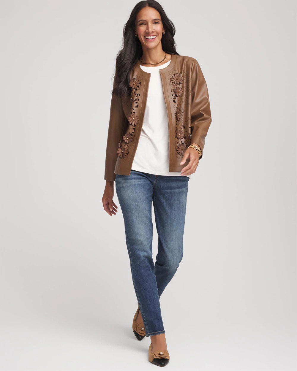 Chico's Women | Floral Cutwork Faux Leather Jacket CHOCOLATE TRUFFLE