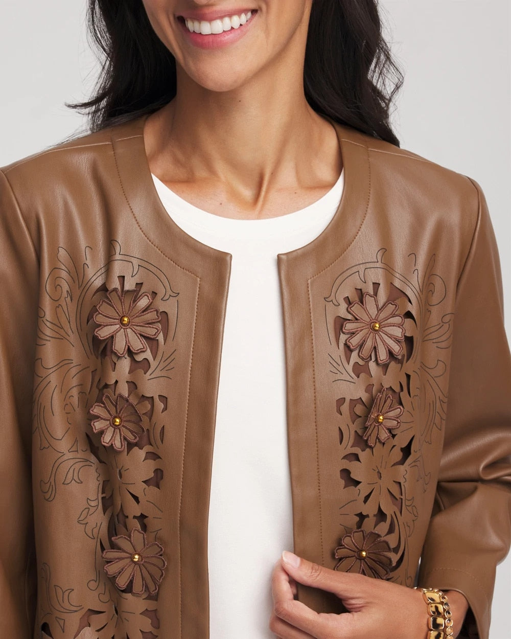 Chico's Women | Floral Cutwork Faux Leather Jacket CHOCOLATE TRUFFLE
