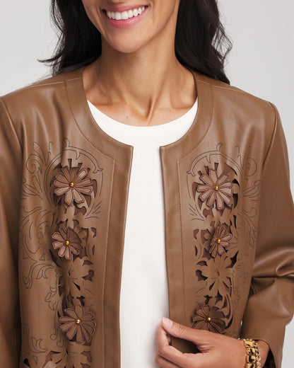 Chico's Women | Floral Cutwork Faux Leather Jacket CHOCOLATE TRUFFLE