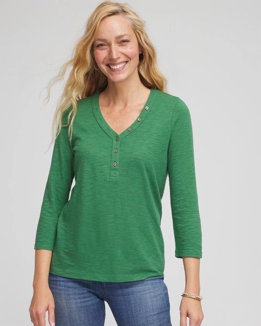 Chico's Women | Slub Splitneck Button Tee JARDIN GREEN