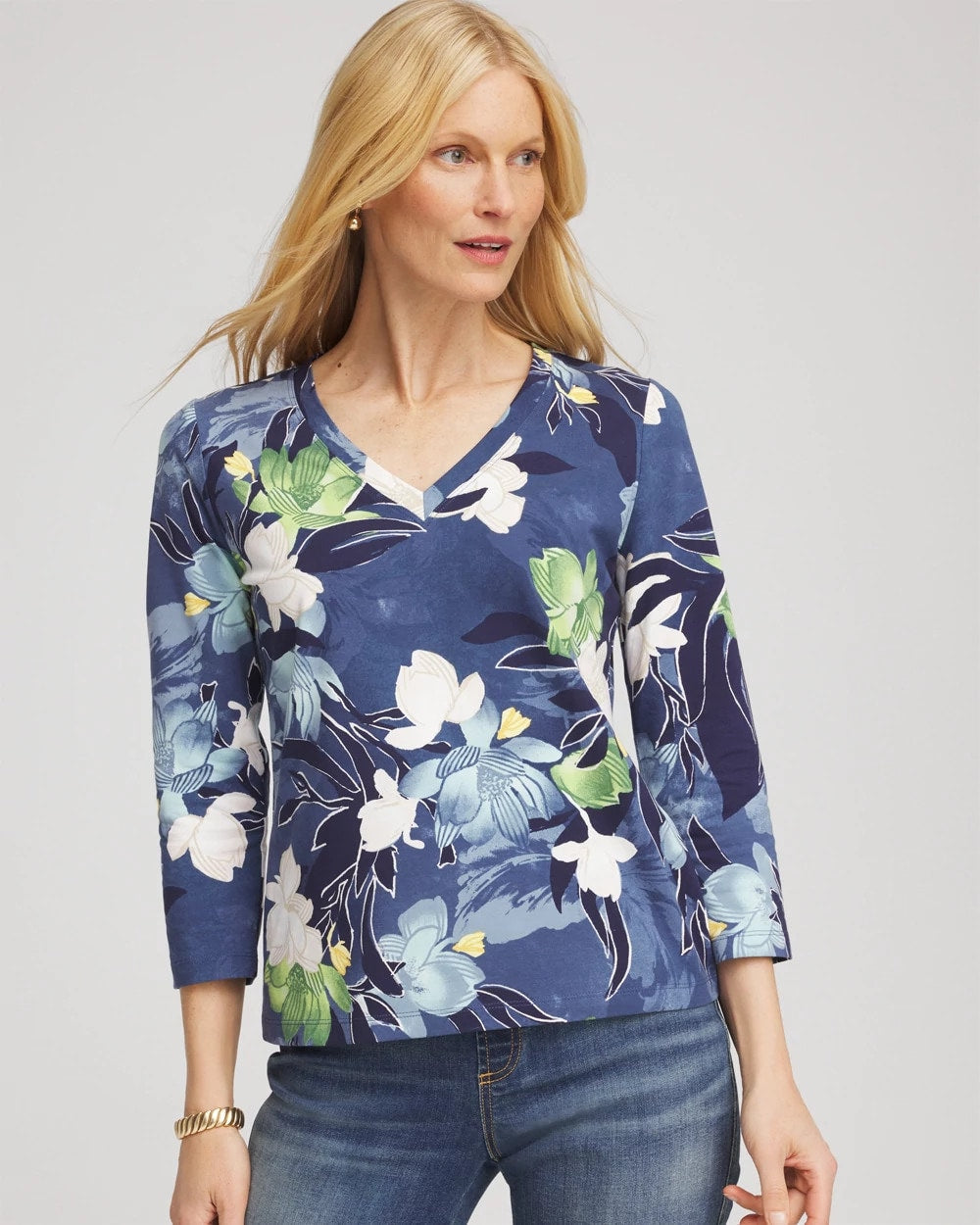 Chico's Women | Printed 3/4 Sleeve Perfect Tee PASSPORT BLUE