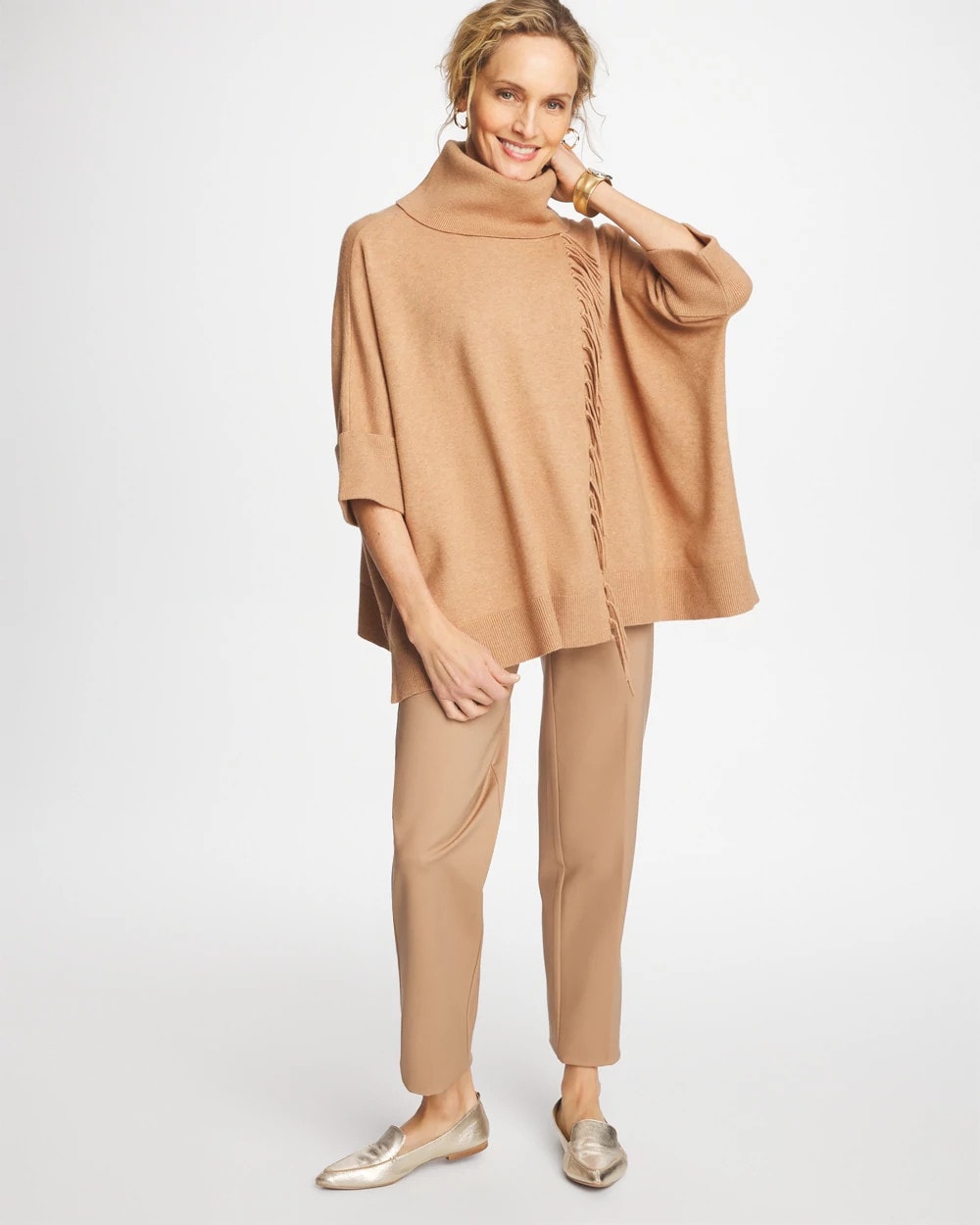 Chico's Women | Cowlneck Knit Fringe Poncho FAUX CREME COFFEE HEATHER