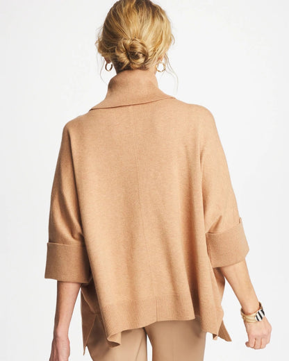 Chico's Women | Cowlneck Knit Fringe Poncho FAUX CREME COFFEE HEATHER