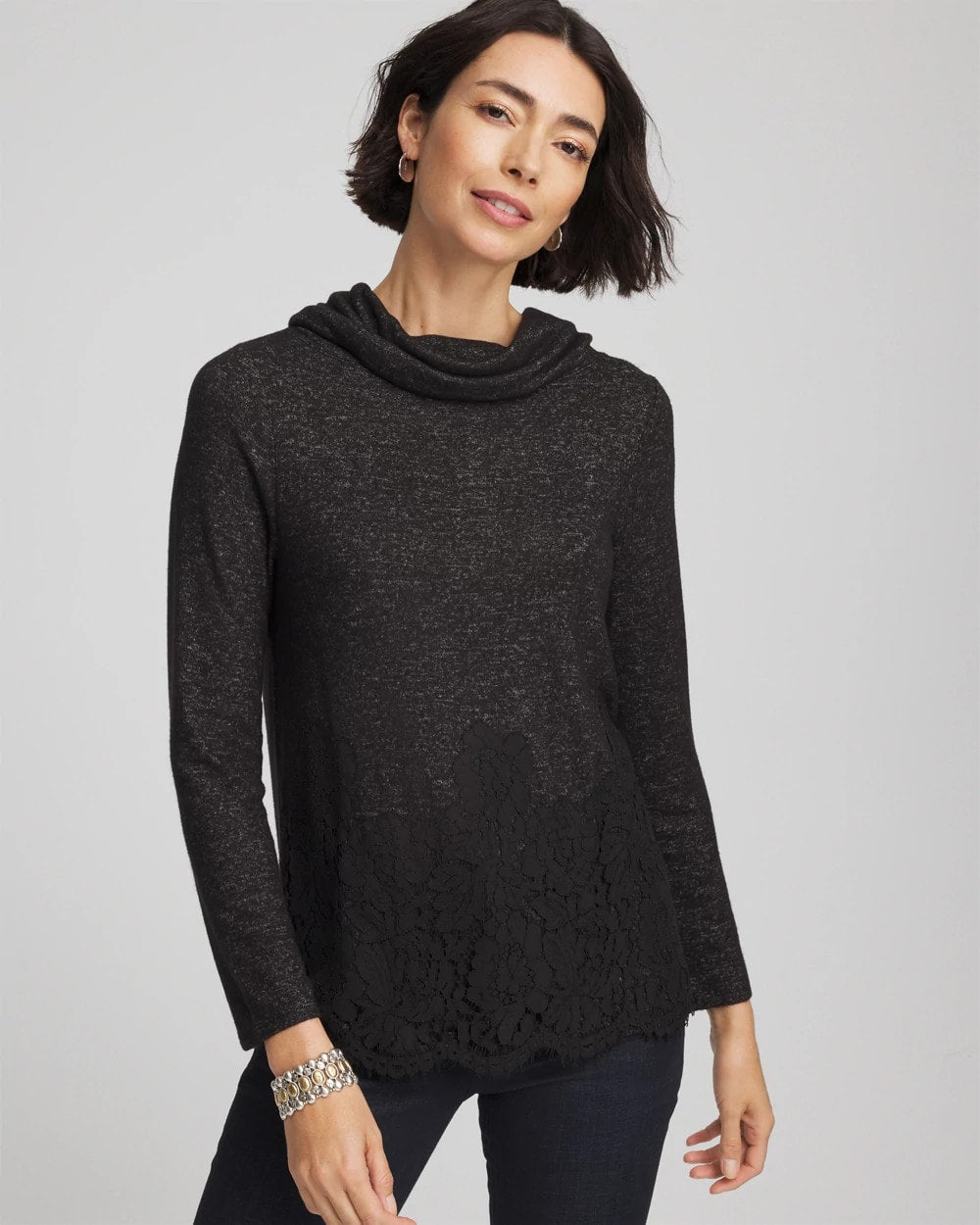 Chico's Women | Lace Hem Cowlneck Top BLACK