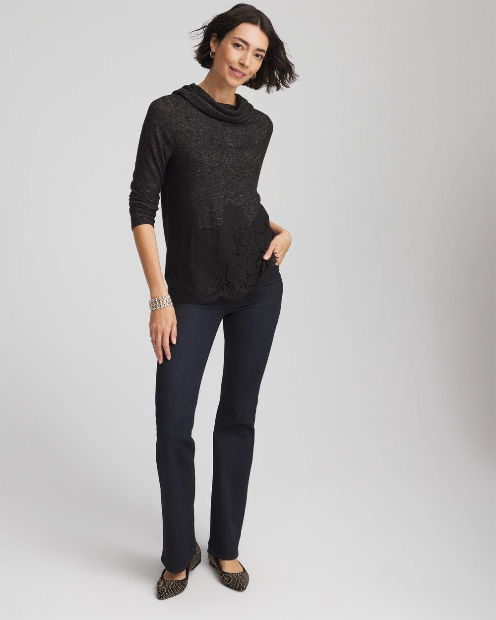 Chico's Women | Lace Hem Cowlneck Top BLACK