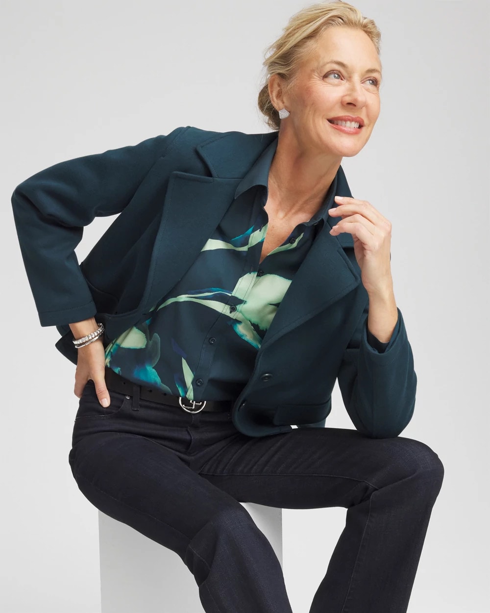 Chico's Women | No Iron™ Glacial Flora Sateen Shirt TEAL SHADOW