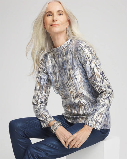Chico's Women | Sequin Reptile Funnel Neck tee CLASSIC NAVY