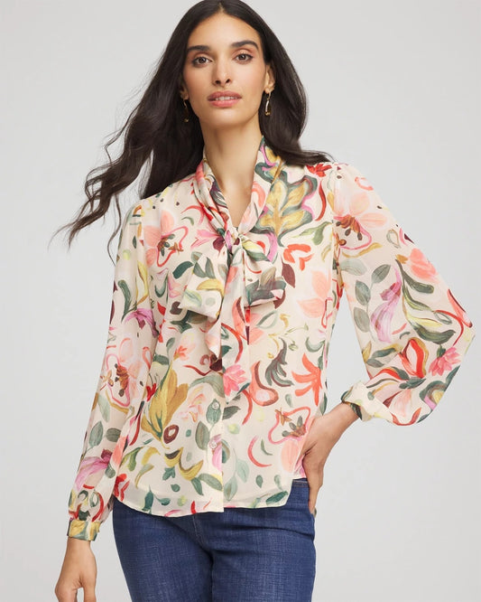 Chico's Women | Floral Jacquard Tie-Front Blouse CASHEW