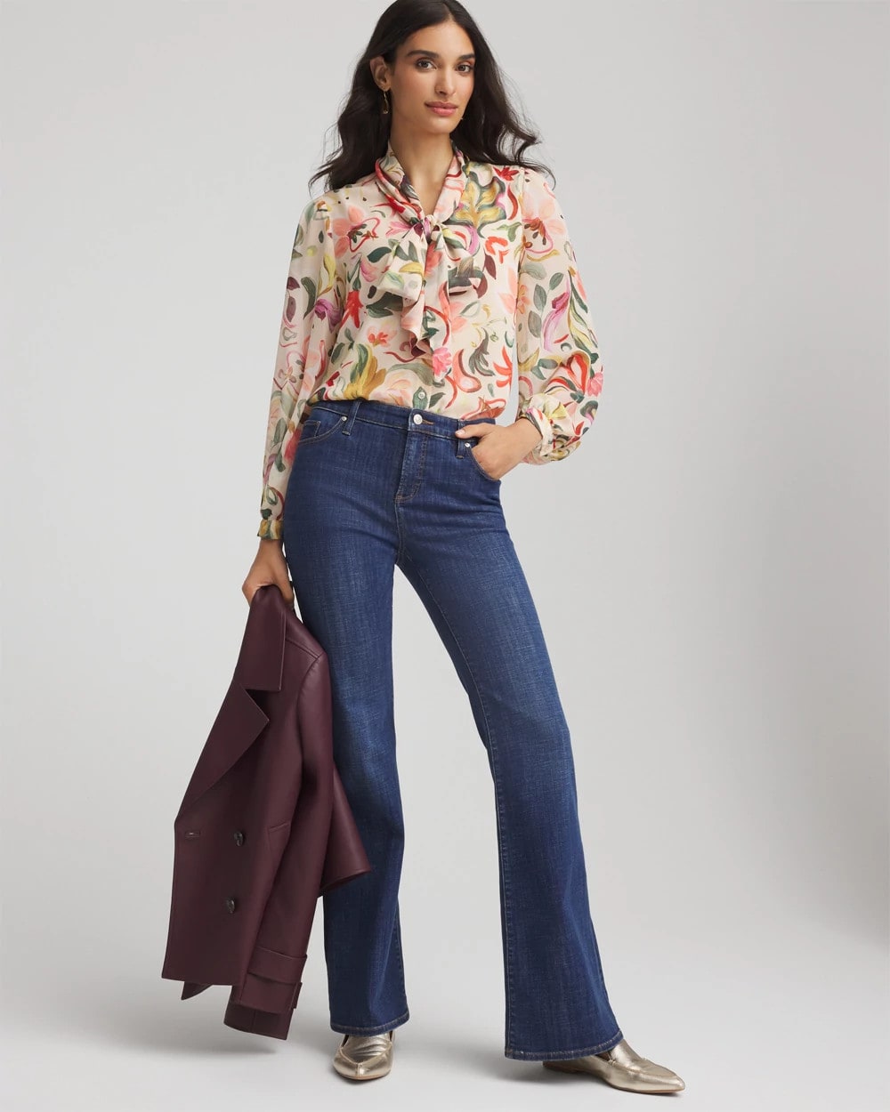 Chico's Women | Floral Jacquard Tie-Front Blouse CASHEW
