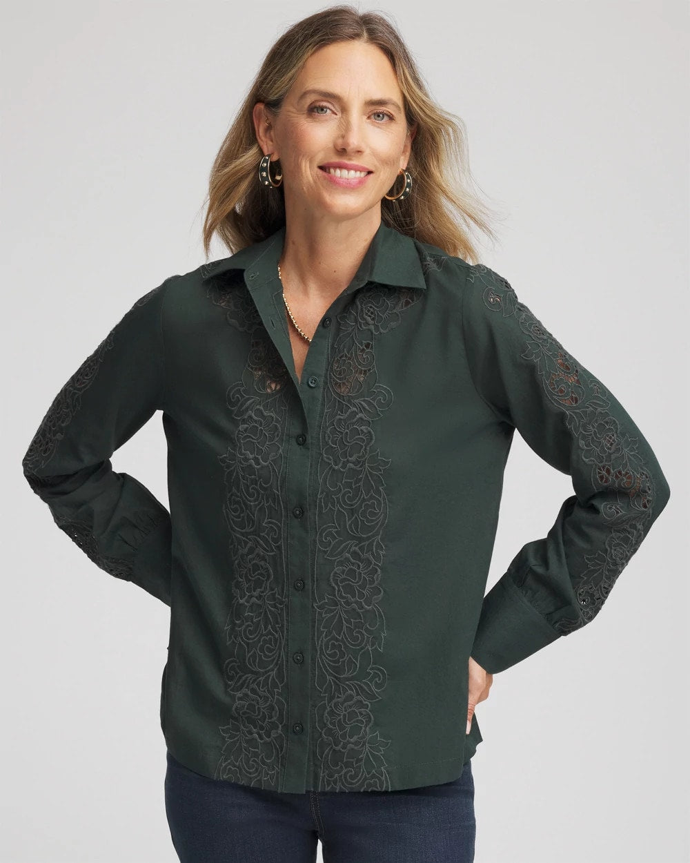 Chico's Women | Lace Cotton Voile Shirt DARKEST SPRUCE