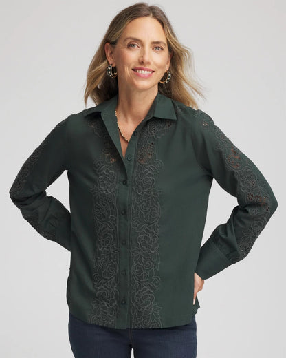 Chico's Women | Lace Cotton Voile Shirt DARKEST SPRUCE