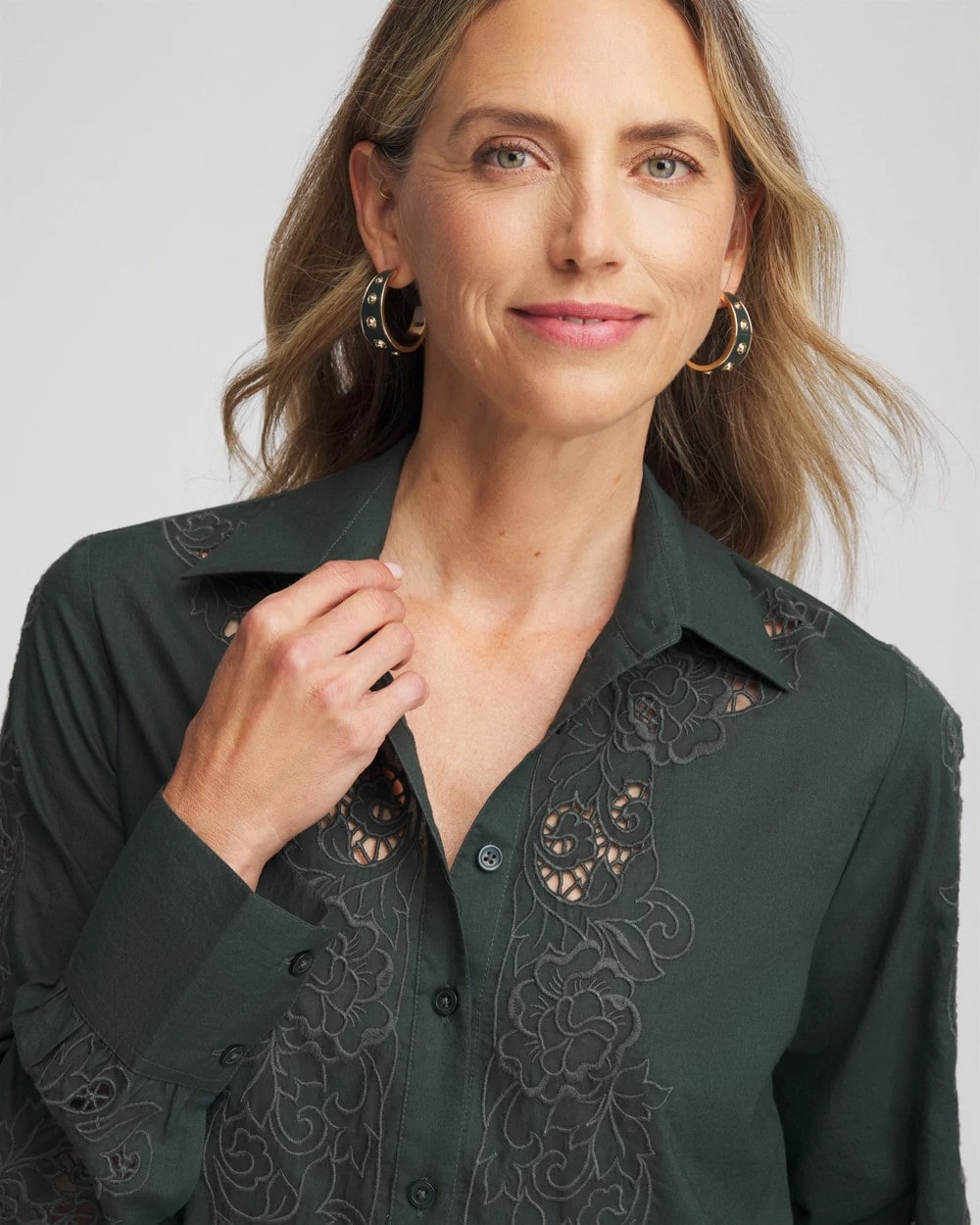 Chico's Women | Lace Cotton Voile Shirt DARKEST SPRUCE