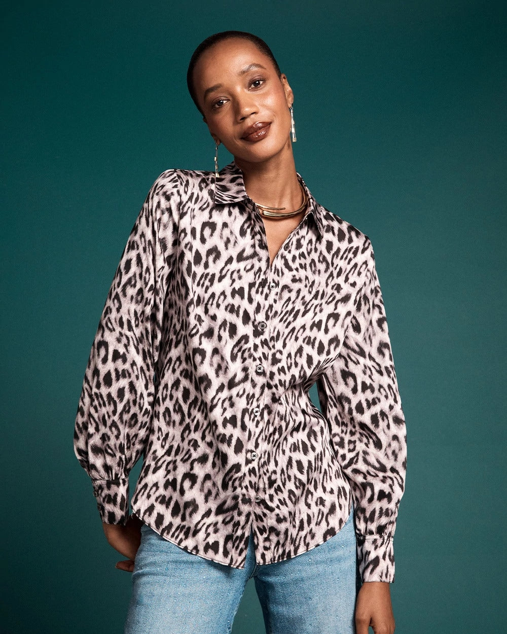 Chico's Women | Faux Silk Snowy Animal Shirt DOVE GRAY