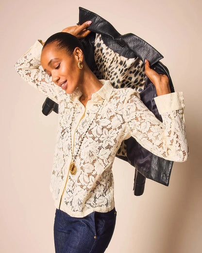 Chico's Women | Classic-Fit Collared Lace Shirt ENGLISH CREAM