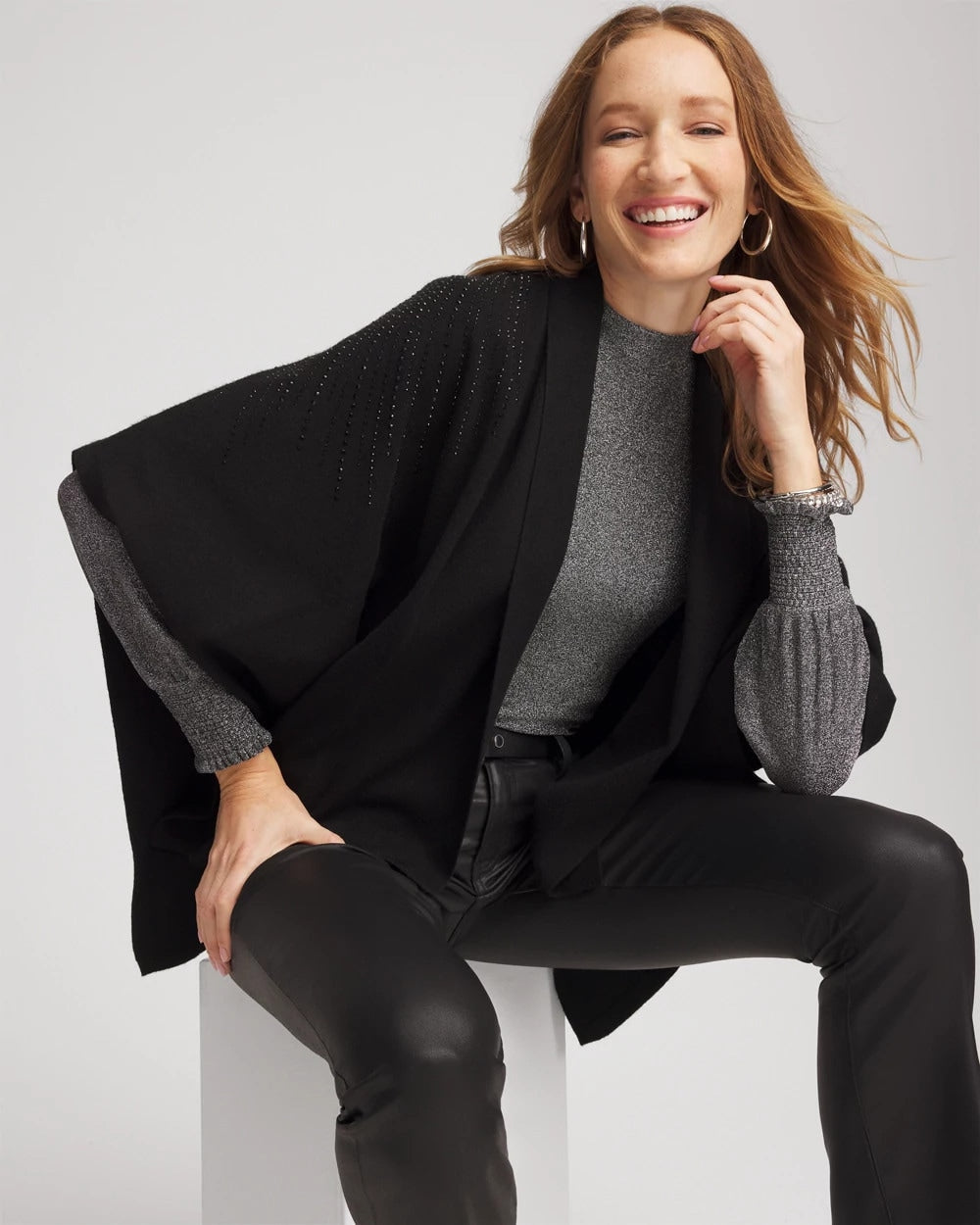 Chico's Women | Embellished Shawl Collar Ruana BLACK
