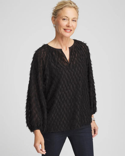 Chico's Women | Feathered Pullover Peasant Blouse BLACK