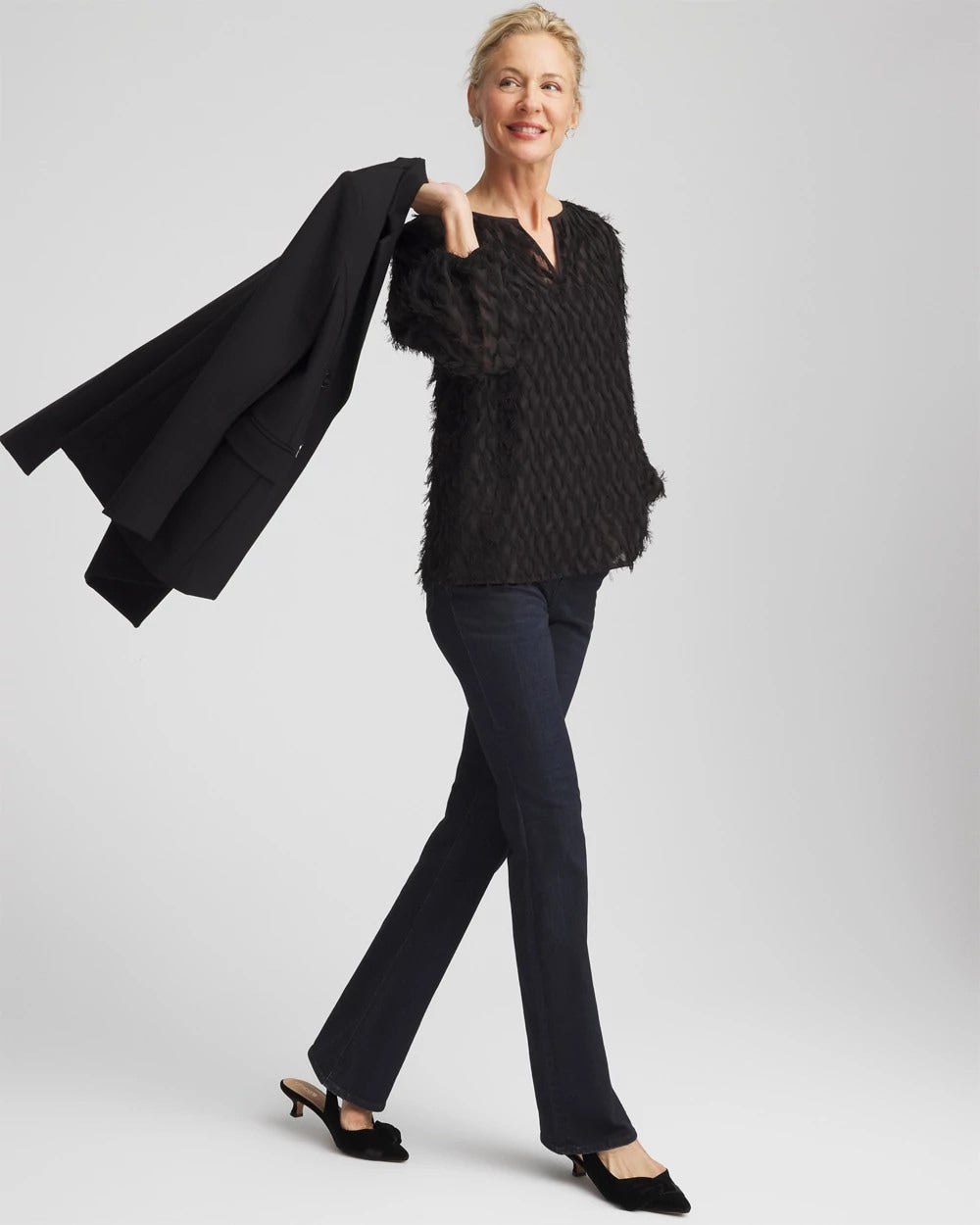 Chico's Women | Feathered Pullover Peasant Blouse BLACK