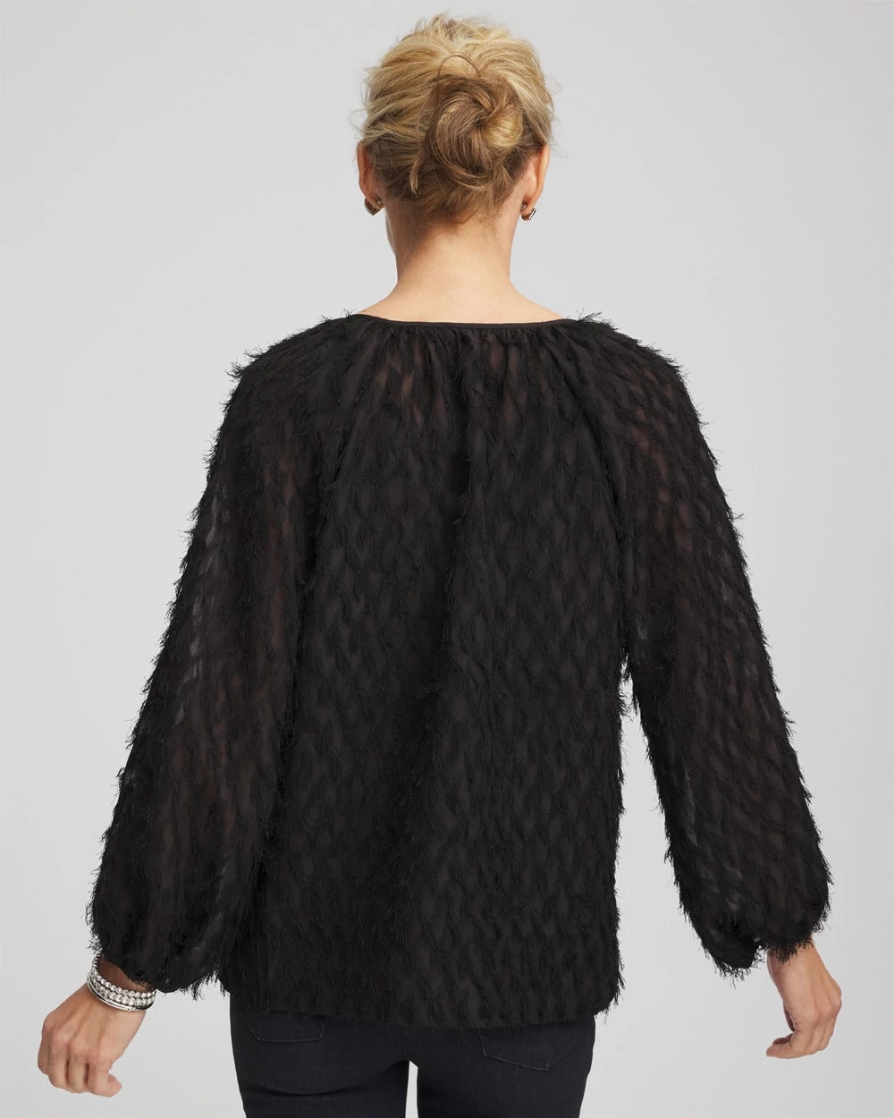 Chico's Women | Feathered Pullover Peasant Blouse BLACK