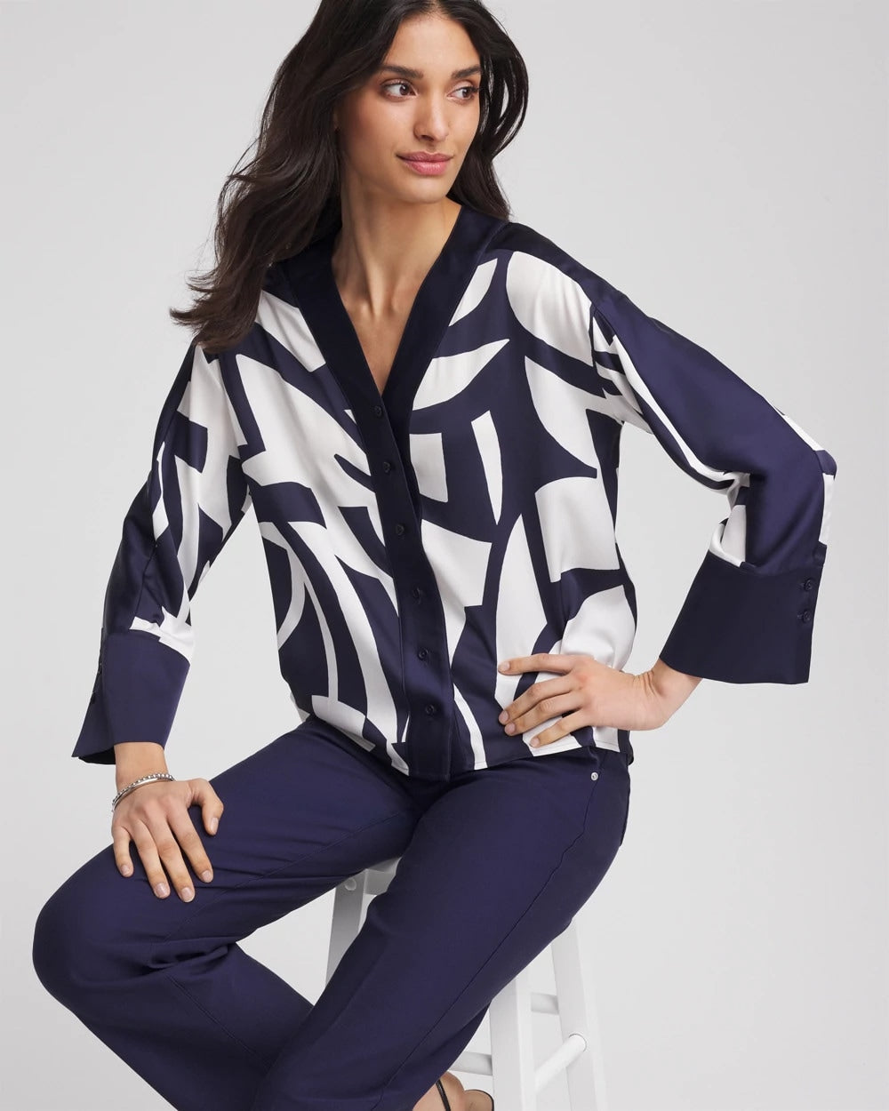 Chico's Women | Satin Geo Print Blouse PASSPORT BLUE